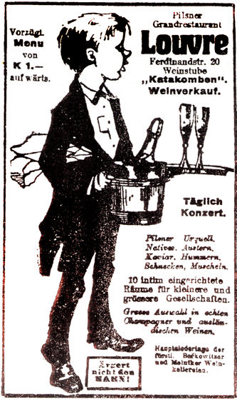 Affiche publicitaire du Café Louvre, en langue allemande  : fascicule trouvé sur place au Café Louvre