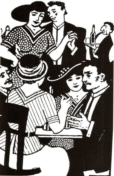 Dessin de V. H. Brunner, ambiance du Café Montmartre : Jähn, Karl-Heinz, Das prager Kaffehaus, Berlin, Volk und Welt, 1990