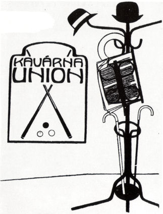 Dessin de Sv. Pitra intitulé „Anecdotes de l’Unionka“, Das prager Kaffehaus, Berlin, Volk und Welt, 1990